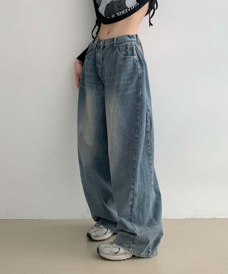 힙무드 사이드 핀턱 와이드 데님 팬츠 진청