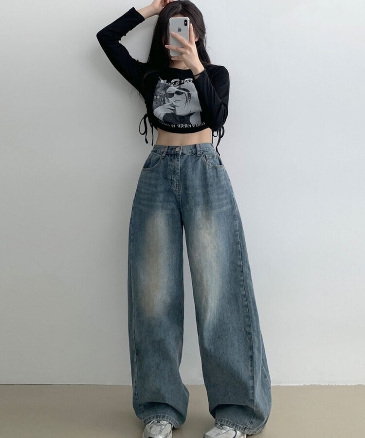 힙무드 사이드 핀턱 와이드 데님 팬츠 진청