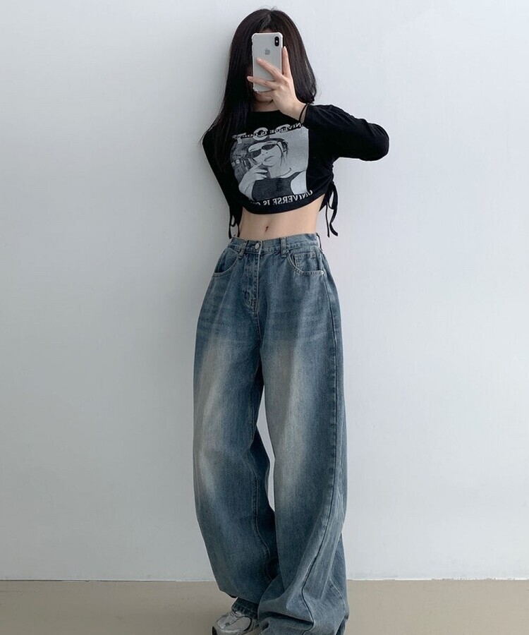 힙무드 사이드 핀턱 와이드 데님 팬츠 진청