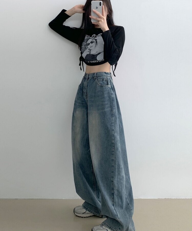 힙무드 사이드 핀턱 와이드 데님 팬츠 진청