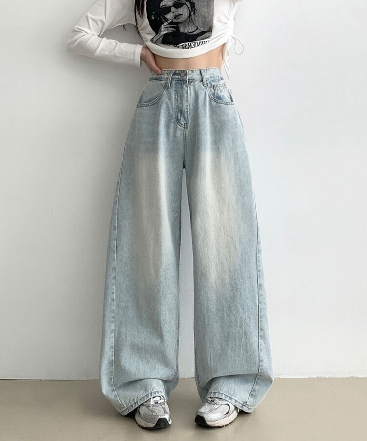 힙무드 사이드 핀턱 와이드 데님 팬츠 연청