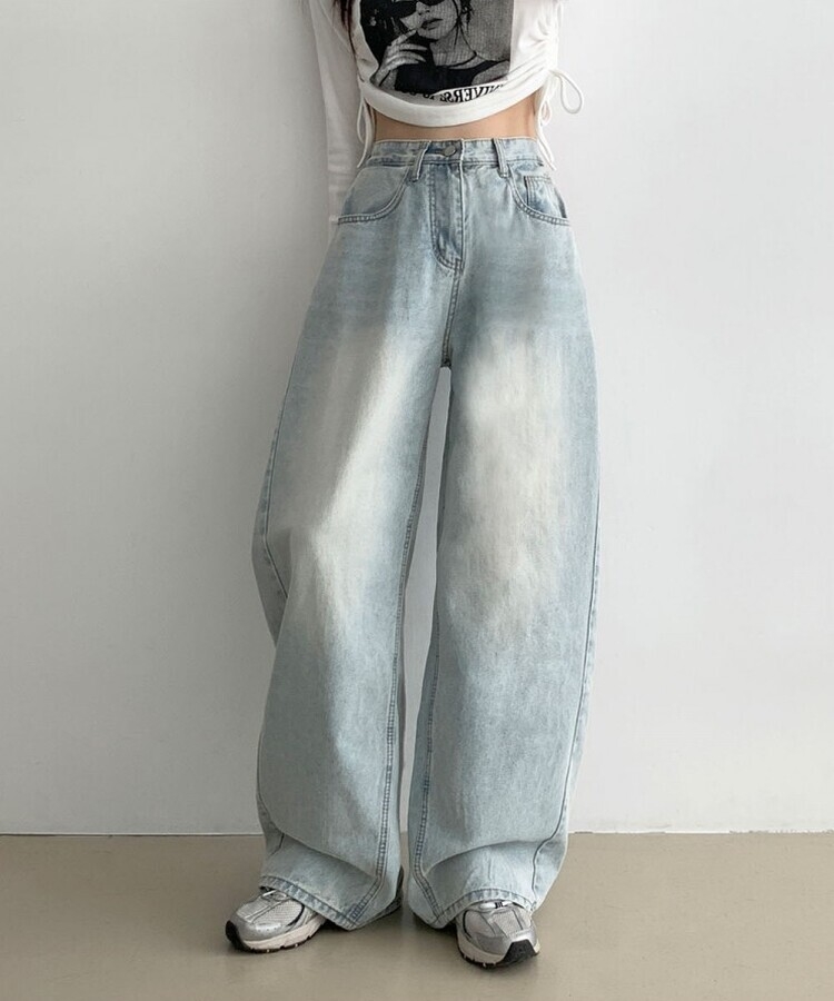 힙무드 사이드 핀턱 와이드 데님 팬츠 연청