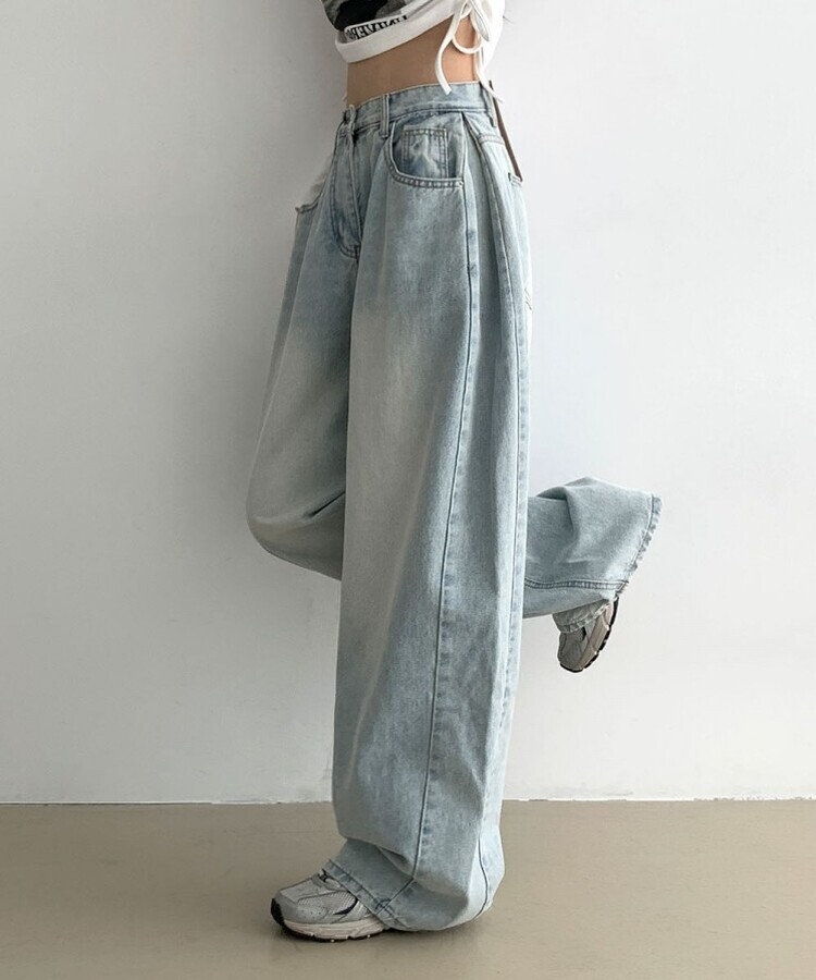 힙무드 사이드 핀턱 와이드 데님 팬츠 연청