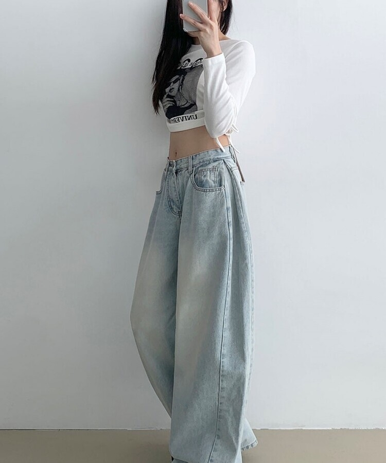 힙무드 사이드 핀턱 와이드 데님 팬츠 연청