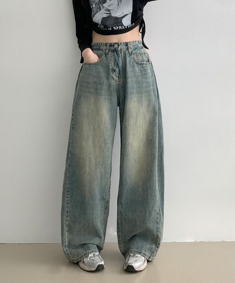 힙무드 사이드 핀턱 와이드 데님 팬츠 중청