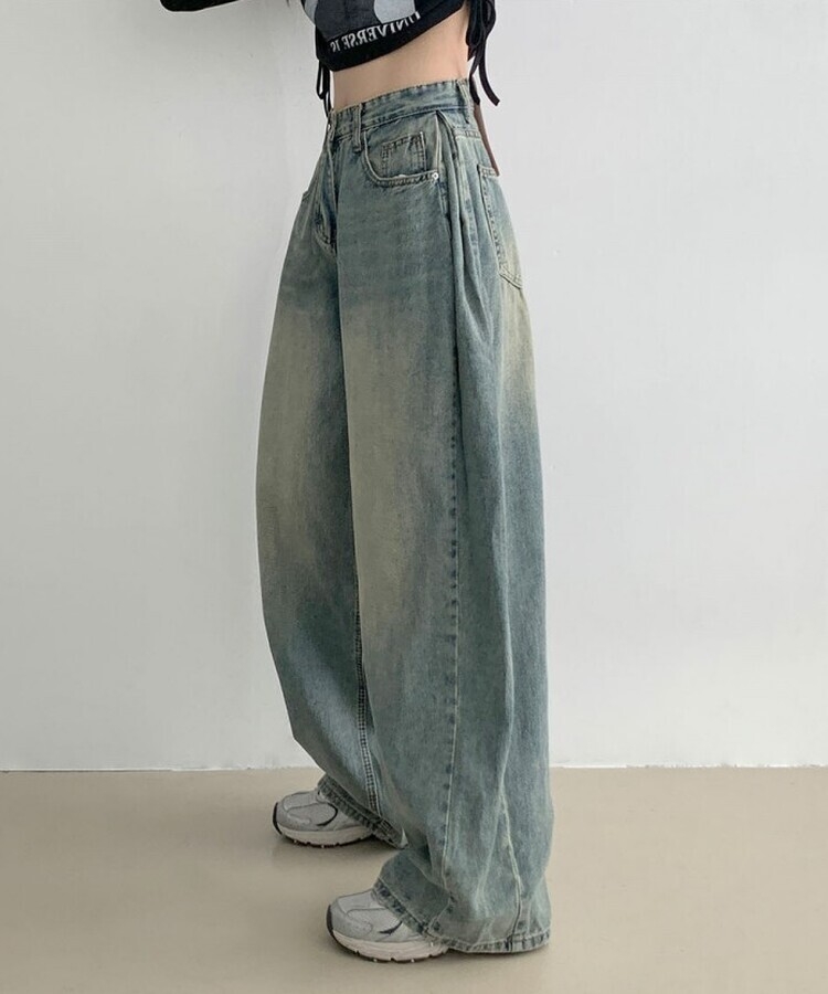 힙무드 사이드 핀턱 와이드 데님 팬츠 중청