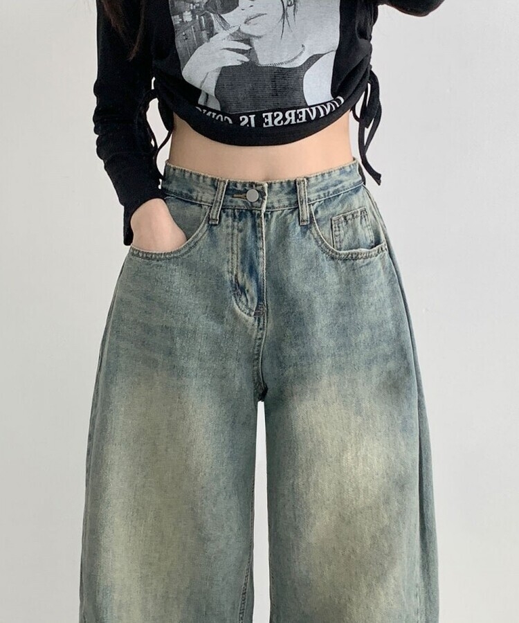 힙무드 사이드 핀턱 와이드 데님 팬츠 중청