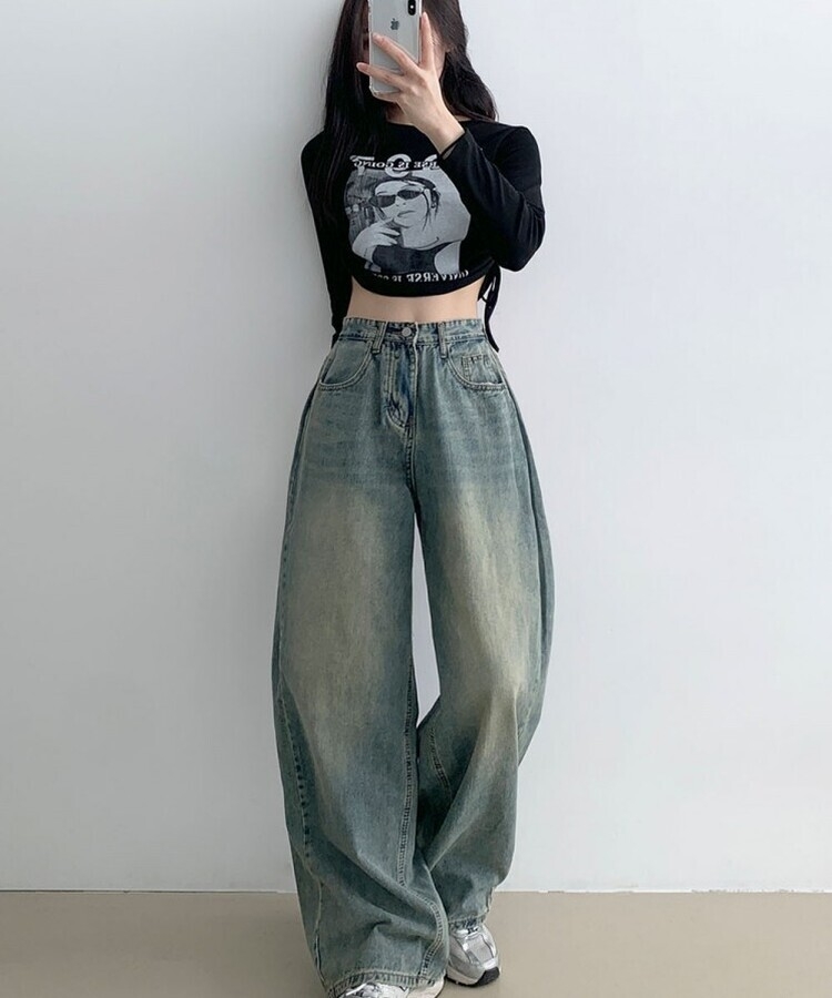 힙무드 사이드 핀턱 와이드 데님 팬츠 중청