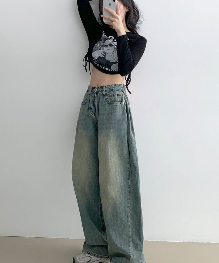 힙무드 사이드 핀턱 와이드 데님 팬츠 중청