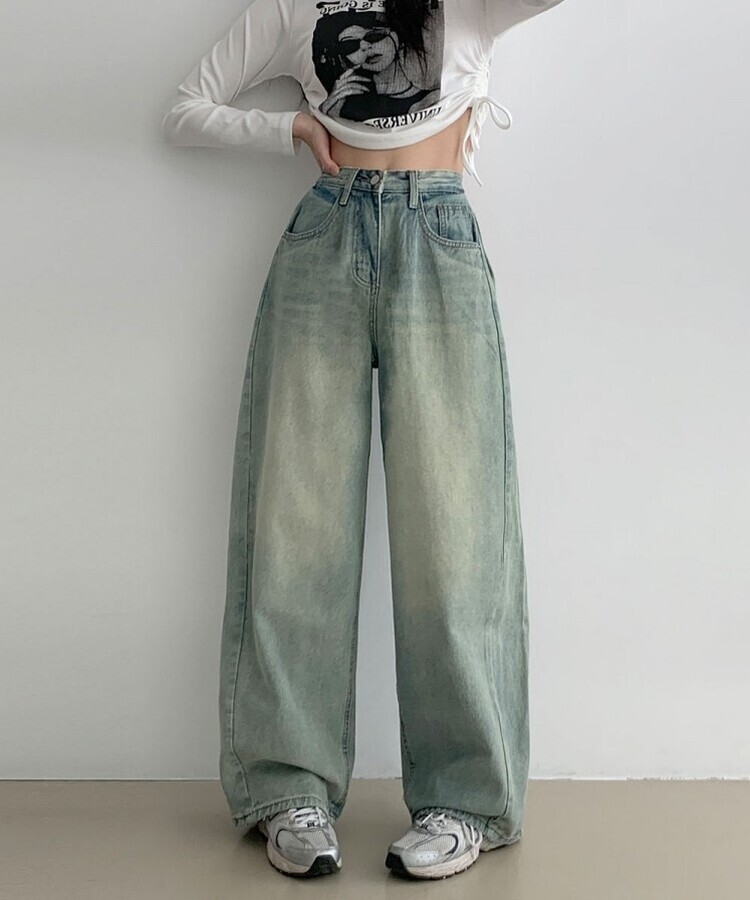 힙무드 사이드 핀턱 와이드 데님 팬츠 옐로우청