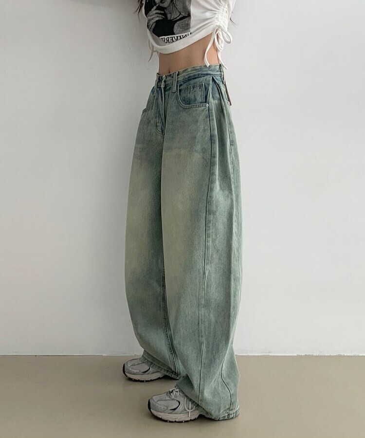 힙무드 사이드 핀턱 와이드 데님 팬츠 옐로우청