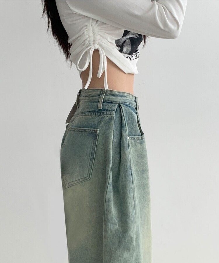 힙무드 사이드 핀턱 와이드 데님 팬츠 옐로우청