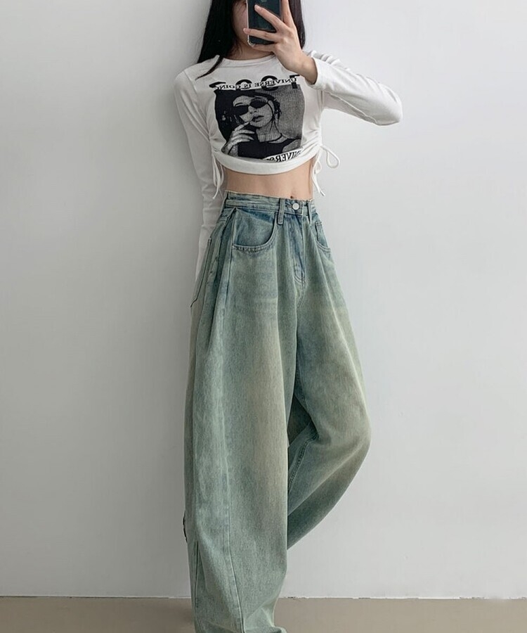 힙무드 사이드 핀턱 와이드 데님 팬츠 옐로우청