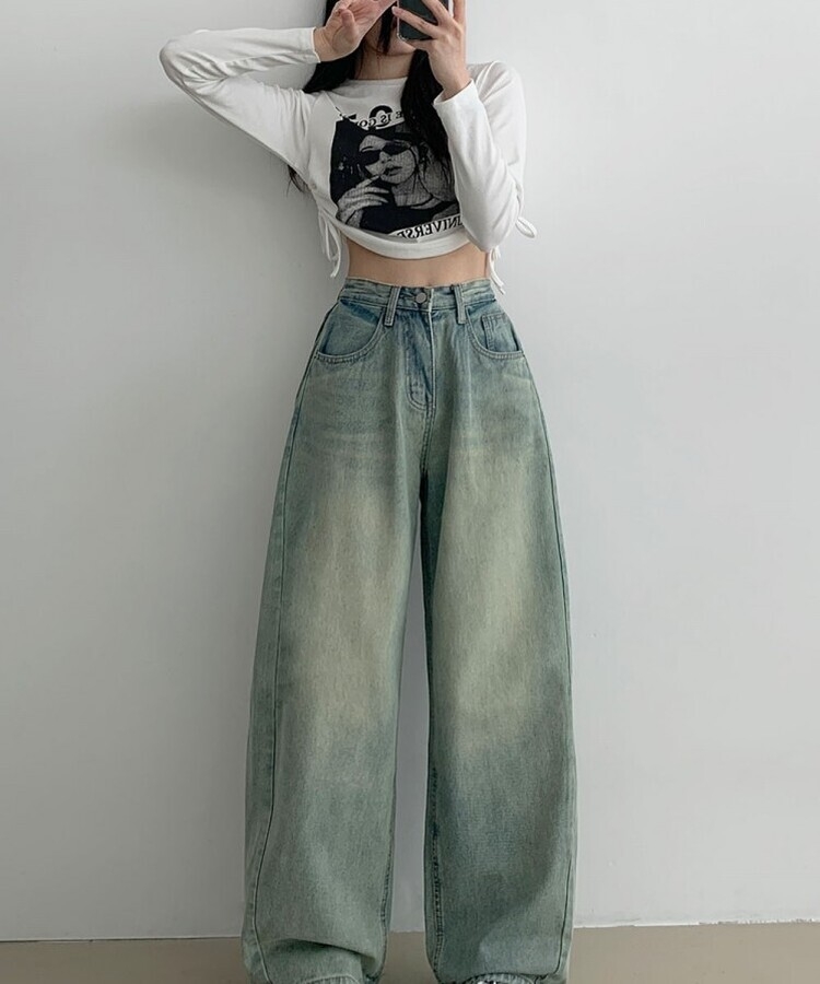 힙무드 사이드 핀턱 와이드 데님 팬츠 옐로우청