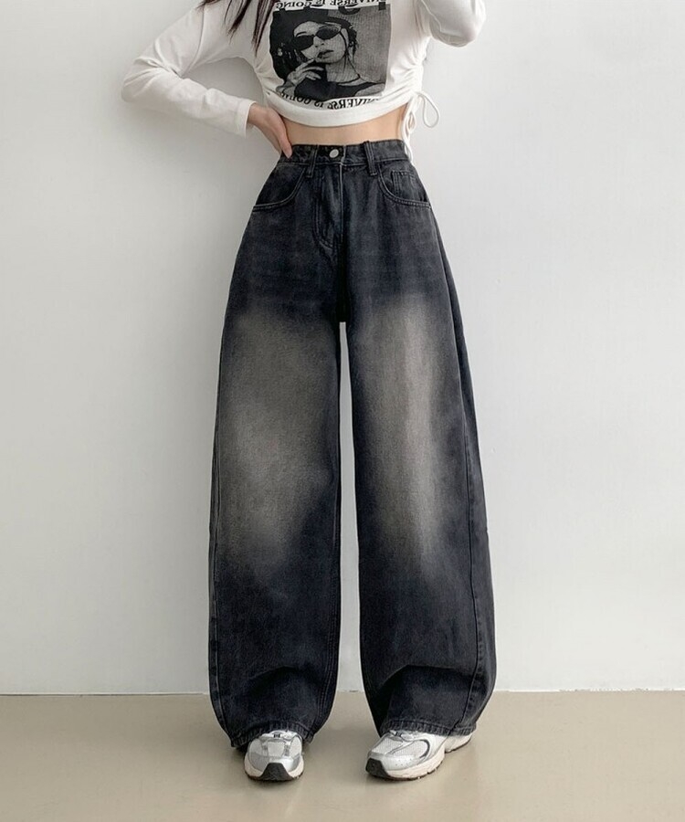 힙무드 사이드 핀턱 와이드 데님 팬츠 흑청