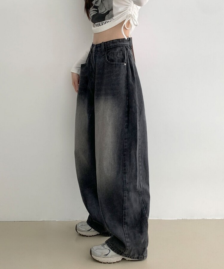 힙무드 사이드 핀턱 와이드 데님 팬츠 흑청