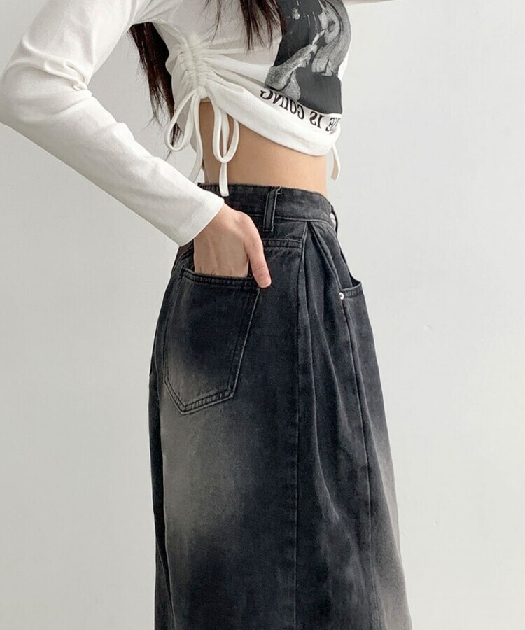 힙무드 사이드 핀턱 와이드 데님 팬츠 흑청