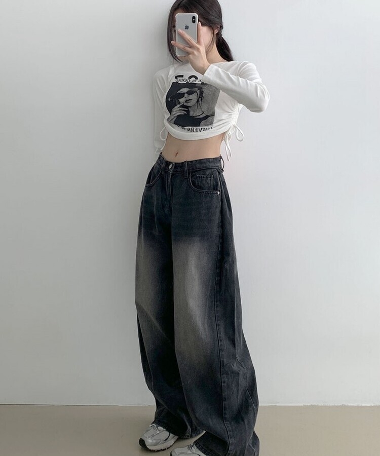 힙무드 사이드 핀턱 와이드 데님 팬츠 흑청