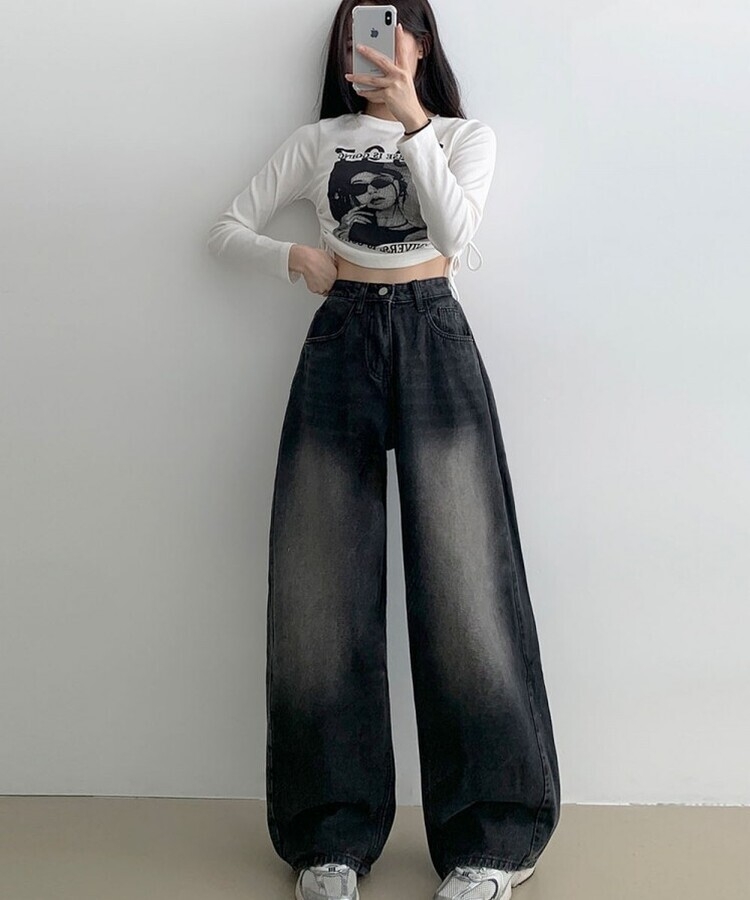 힙무드 사이드 핀턱 와이드 데님 팬츠 흑청