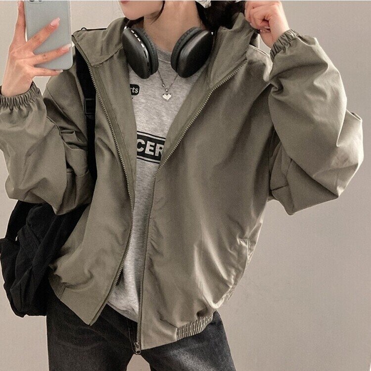 요즘같은 날씨에딱 남녀공용 오버핏 후드 바람막이 점퍼 카키