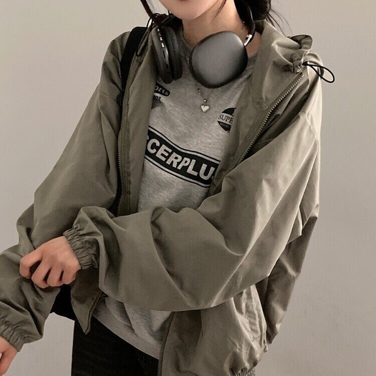 요즘같은 날씨에딱 남녀공용 오버핏 후드 바람막이 점퍼 카키