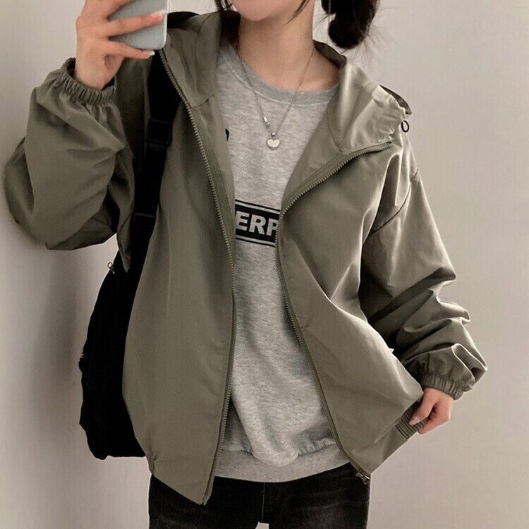 요즘같은 날씨에딱 남녀공용 오버핏 후드 바람막이 점퍼 카키