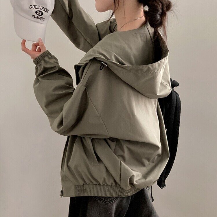 요즘같은 날씨에딱 남녀공용 오버핏 후드 바람막이 점퍼 카키