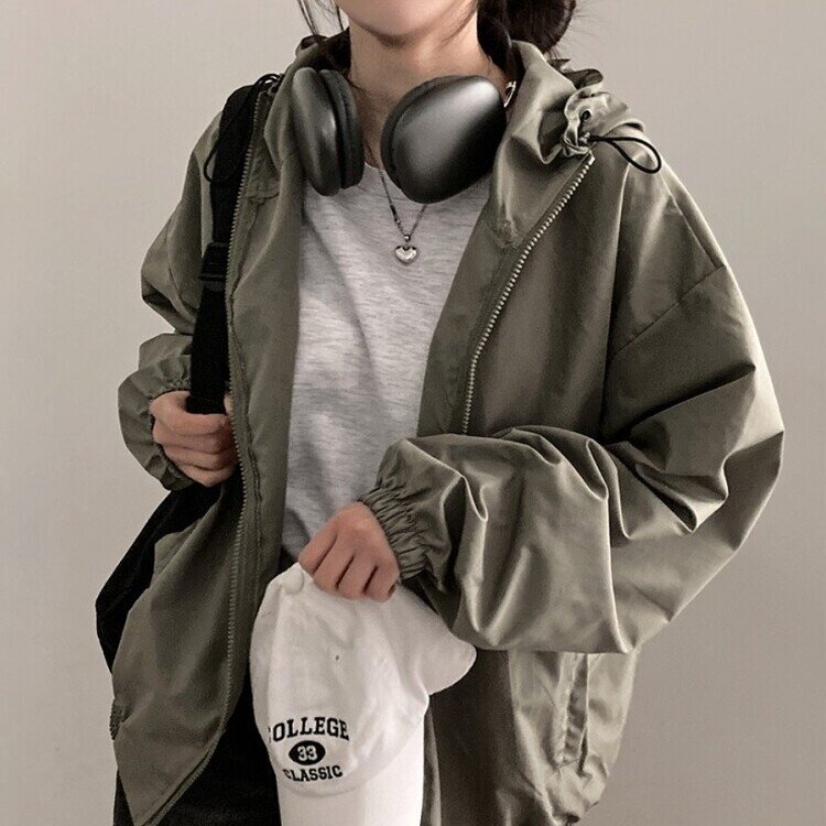 요즘같은 날씨에딱 남녀공용 오버핏 후드 바람막이 점퍼 카키