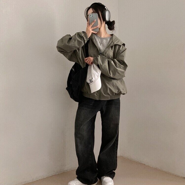 요즘같은 날씨에딱 남녀공용 오버핏 후드 바람막이 점퍼 카키