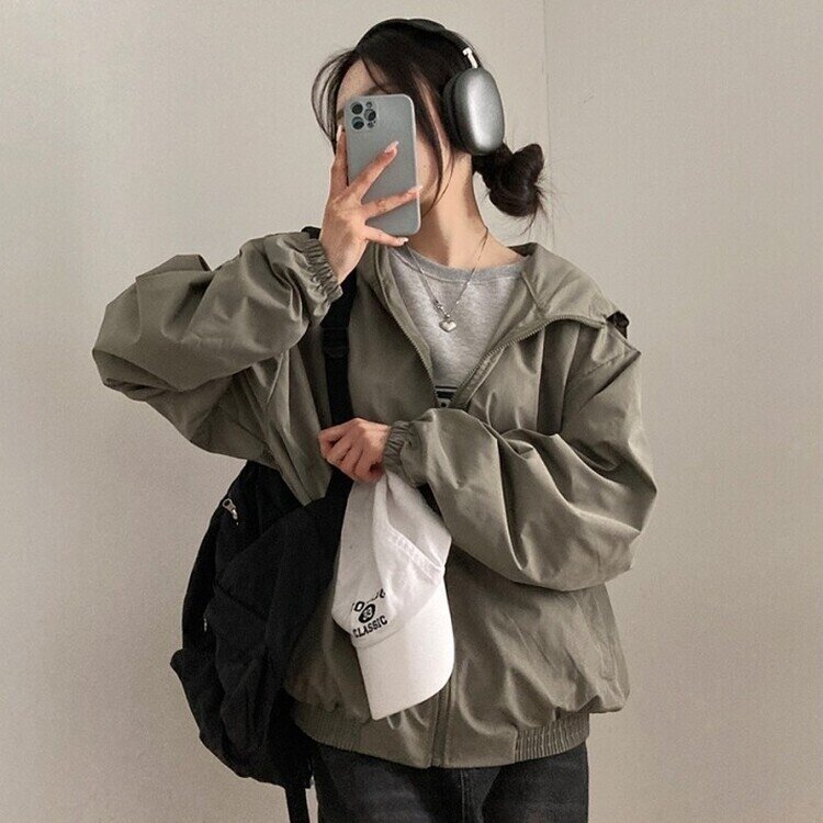 요즘같은 날씨에딱 남녀공용 오버핏 후드 바람막이 점퍼 카키