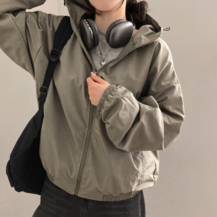 요즘같은 날씨에딱 남녀공용 오버핏 후드 바람막이 점퍼 카키