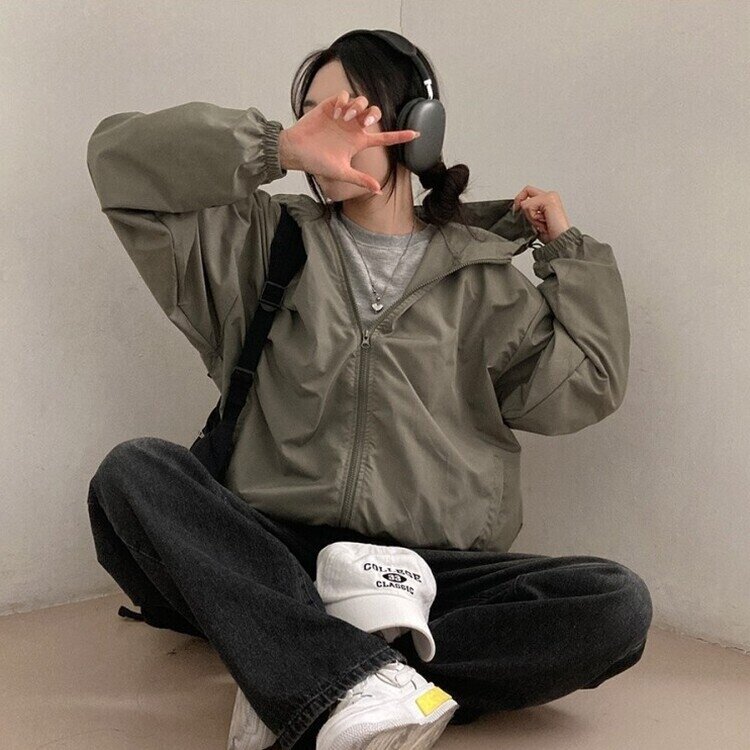 요즘같은 날씨에딱 남녀공용 오버핏 후드 바람막이 점퍼 카키