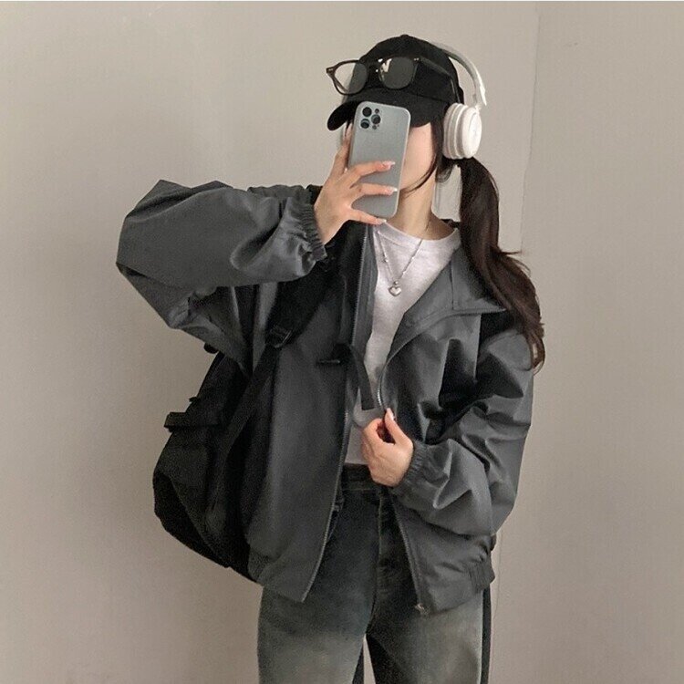 요즘같은 날씨에딱 남녀공용 오버핏 후드 바람막이 점퍼 차콜