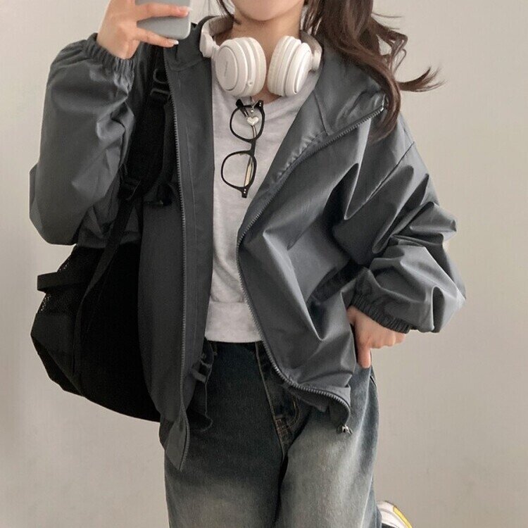 요즘같은 날씨에딱 남녀공용 오버핏 후드 바람막이 점퍼 차콜