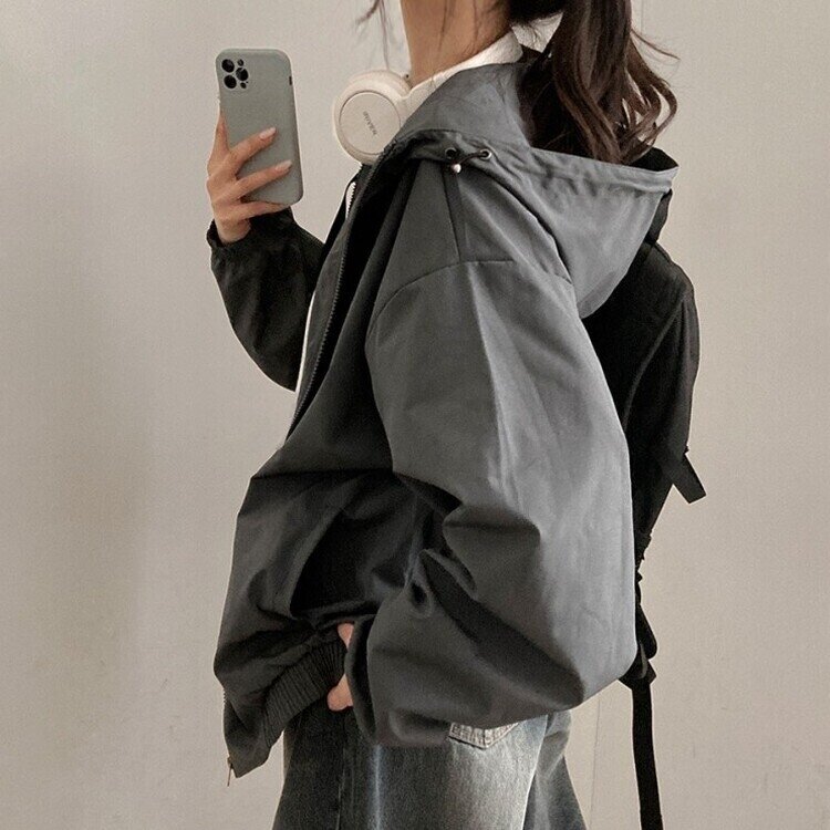 요즘같은 날씨에딱 남녀공용 오버핏 후드 바람막이 점퍼 차콜