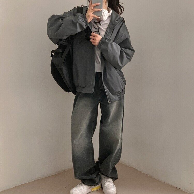 요즘같은 날씨에딱 남녀공용 오버핏 후드 바람막이 점퍼 차콜