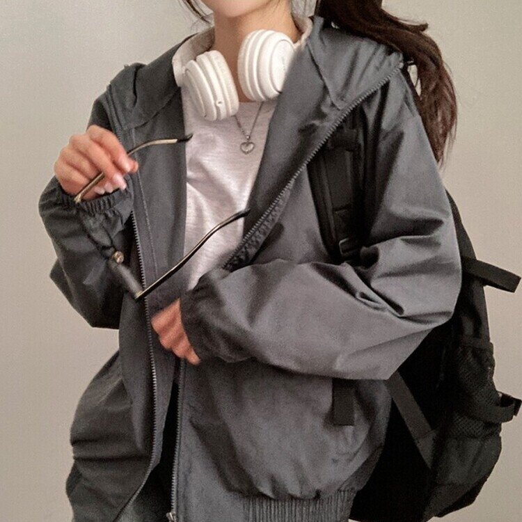 요즘같은 날씨에딱 남녀공용 오버핏 후드 바람막이 점퍼 차콜