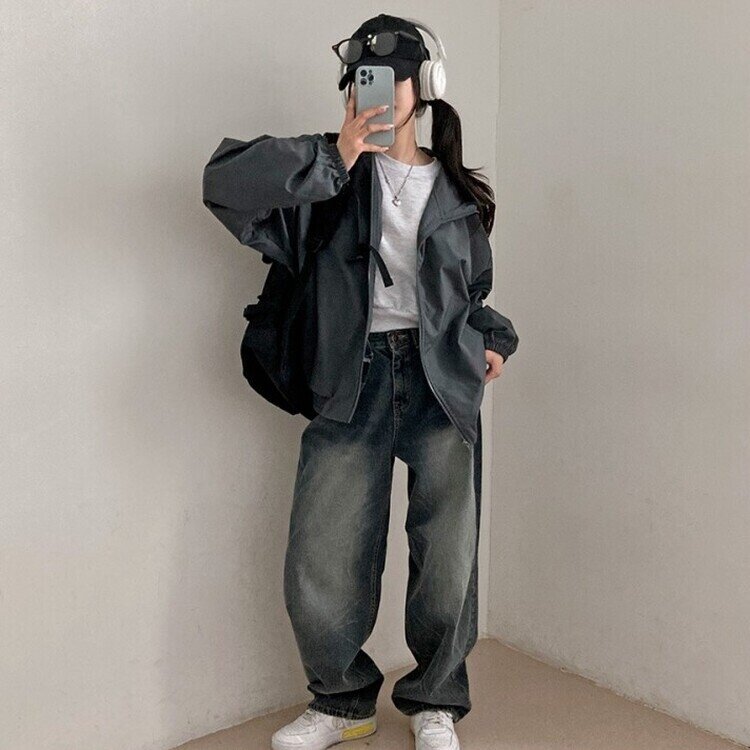 요즘같은 날씨에딱 남녀공용 오버핏 후드 바람막이 점퍼 차콜