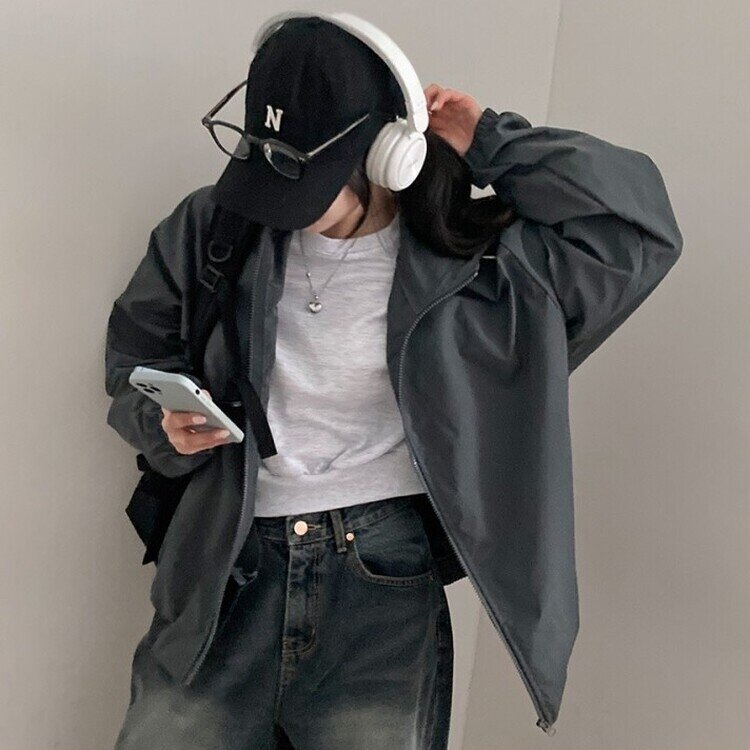 요즘같은 날씨에딱 남녀공용 오버핏 후드 바람막이 점퍼 차콜