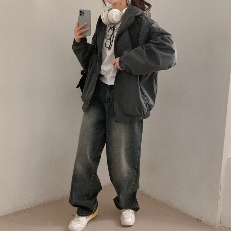 요즘같은 날씨에딱 남녀공용 오버핏 후드 바람막이 점퍼 차콜