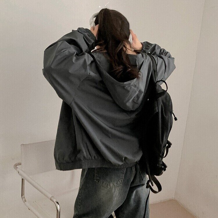 요즘같은 날씨에딱 남녀공용 오버핏 후드 바람막이 점퍼 차콜