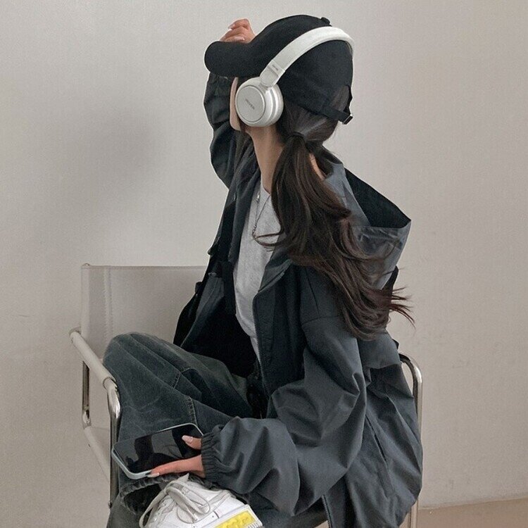 요즘같은 날씨에딱 남녀공용 오버핏 후드 바람막이 점퍼 차콜