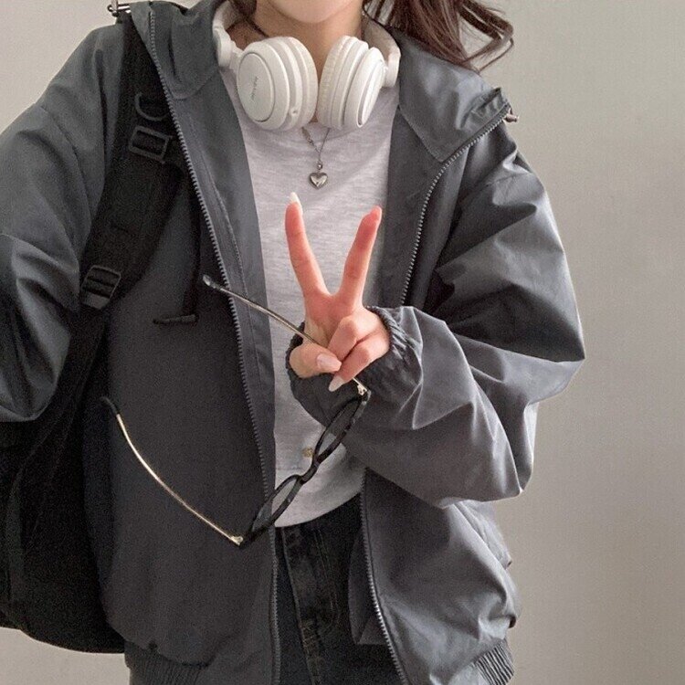 요즘같은 날씨에딱 남녀공용 오버핏 후드 바람막이 점퍼 차콜