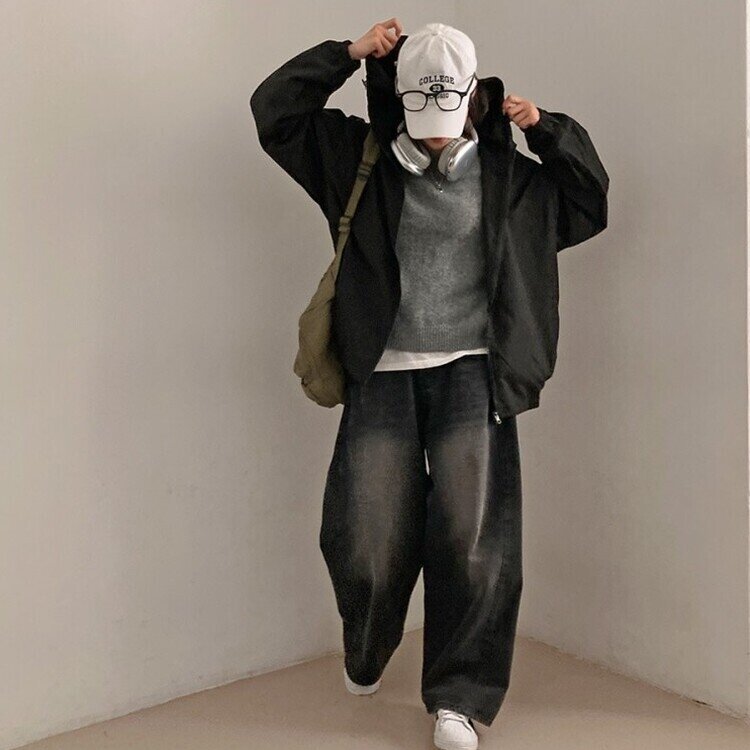 요즘같은 날씨에딱 남녀공용 오버핏 후드 바람막이 점퍼 검정