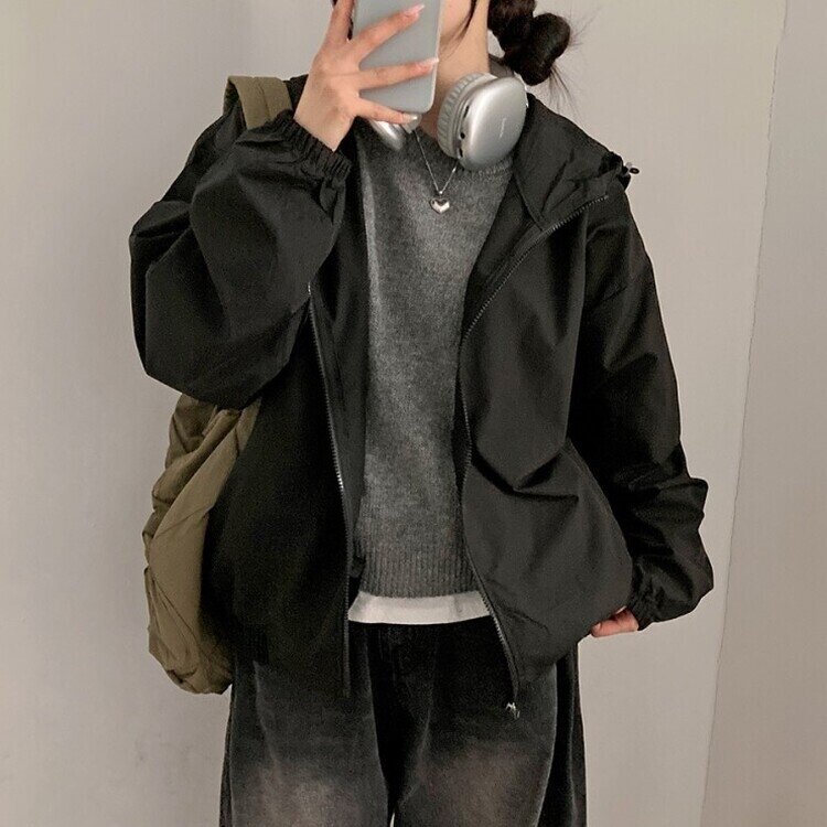 요즘같은 날씨에딱 남녀공용 오버핏 후드 바람막이 점퍼 검정