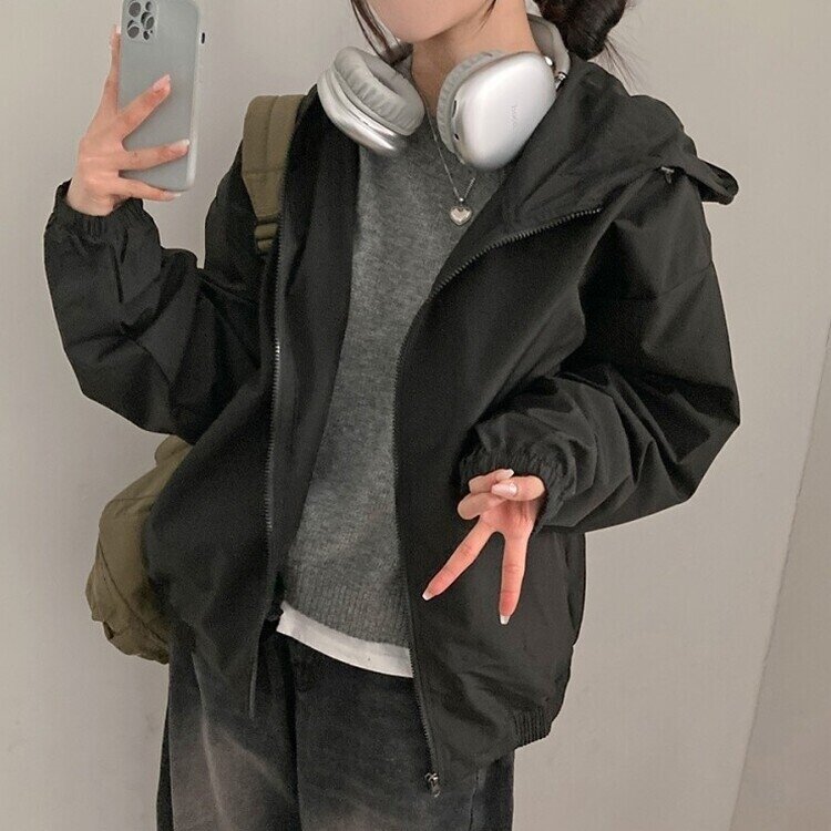 요즘같은 날씨에딱 남녀공용 오버핏 후드 바람막이 점퍼 검정