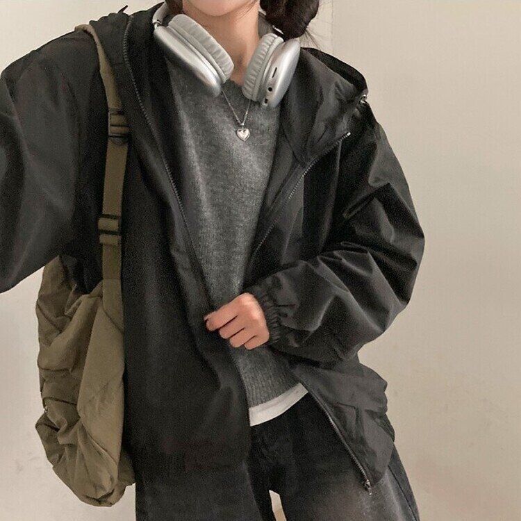 요즘같은 날씨에딱 남녀공용 오버핏 후드 바람막이 점퍼 검정