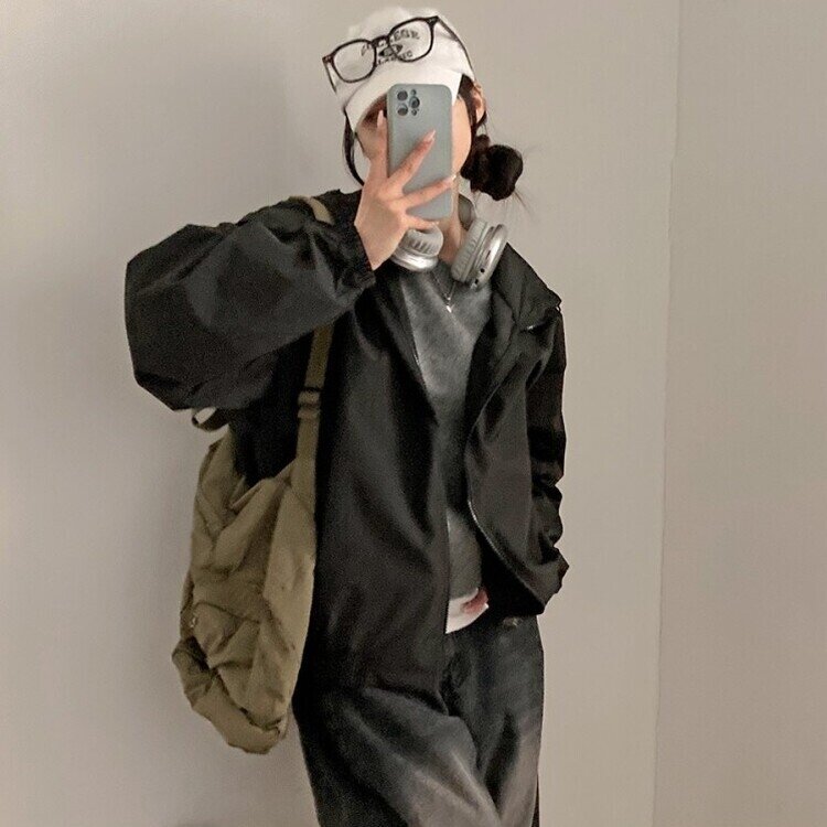 요즘같은 날씨에딱 남녀공용 오버핏 후드 바람막이 점퍼 검정