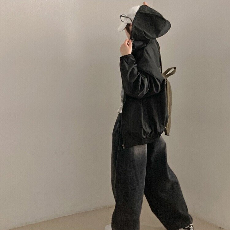 요즘같은 날씨에딱 남녀공용 오버핏 후드 바람막이 점퍼 검정
