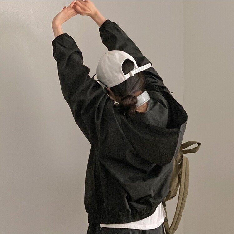 요즘같은 날씨에딱 남녀공용 오버핏 후드 바람막이 점퍼 검정